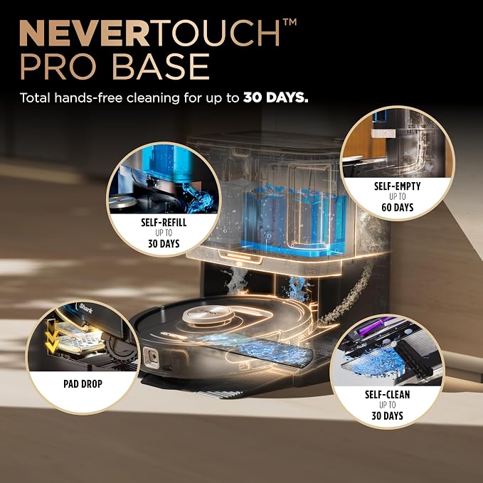 Shark PowerDetect NeverTouch Pro Robot Vacuum & Mop, Black,RV2820ZE | 5 PowerDetect Technologies, NeverStuck, NeverTouch Pro Base (Self-Empty 60-Day, Refill, Pad Wash/Dry), 360° LiDAR + 3D Sensor