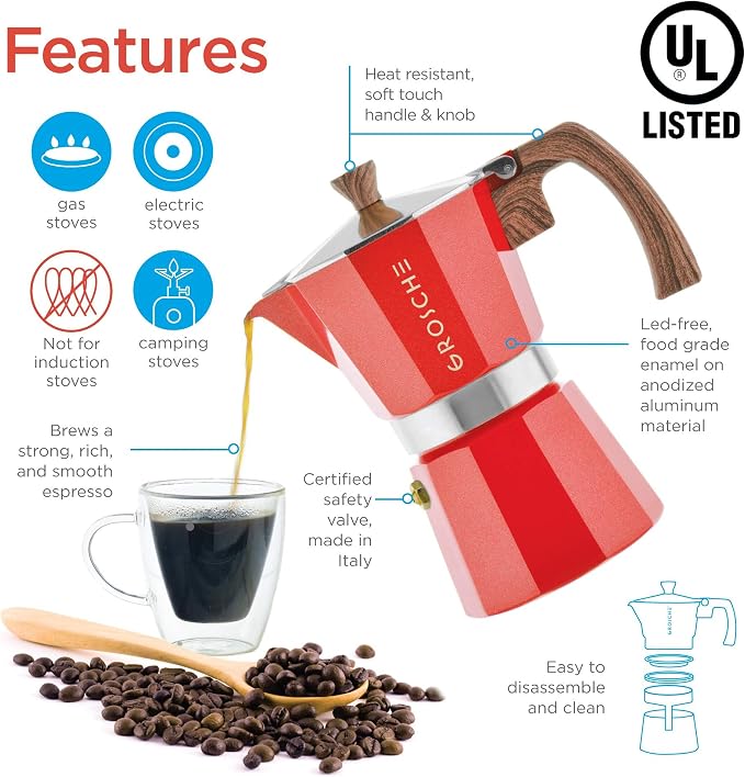 GROSCHE Milano 6 Espresso Cup, 9.3 oz Red Stovetop Espresso Maker - Italian Moka Pot | Cuban Coffee Maker And Italian Moka Pot For Stovetop Espresso; For Gas, Electric, And Propane Stoves With A Soft-Touch Handle