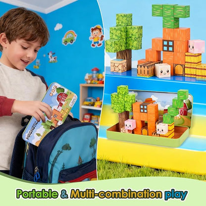 Magnetic Building Blocks Sensory Toys, Toddler Montessori Construction Stacking Toys, 35PCS Magnet Cubes for Kids, Gifts for Boys Girls, Portable Travel Toy Stem Learning Activities for Toddlers 3-8