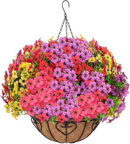 Artificial Hanging Flower for Outdoors, Fake Hanging Basket for Outside,1 Hanging Basket with 13 Pcs Faux Silk Flowers for Porch, Balcony and Patio Decor(Mixed)