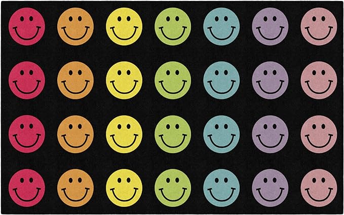 Flagship Carpets Schoolgirl Style Rainbow Smileys in Black Criss-Cross Applesauce Educational Area Rug for Kids Room, Children's Classroom for Teaching & Playroom, 7'6" x 12', Black & Multi, Seats 28