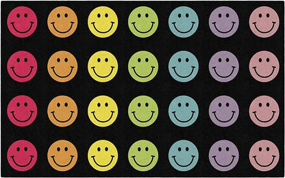 Flagship Carpets Schoolgirl Style Rainbow Smileys in Black Criss-Cross Applesauce Educational Area Rug for Kids Room, Children's Classroom for Teaching & Playroom, 7'6" x 12', Black & Multi, Seats 28