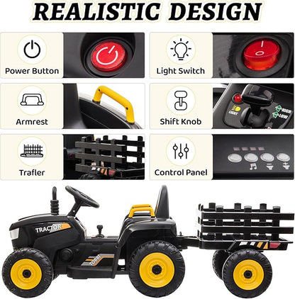 TOBBI Kids Electric Ride On Toy Tractor, Toddlers 12V Battery-Powered Car to Drive, 35W Dual Motor 6-Wheels Trailer Vehicle with 3-Speeds/LED & Horn Functions for Chirdren Aged 3-8-Black