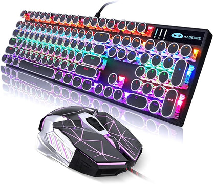 Retro Typewriter Keyboard and Mouse Combo, Cute Black Keyboard with Linear Red Switches, Full Size Wired Mechanical Gaming Keyboard, Cool Light Up Keyboard and Mouse for Gaming,Work,Mac,PC,Windows