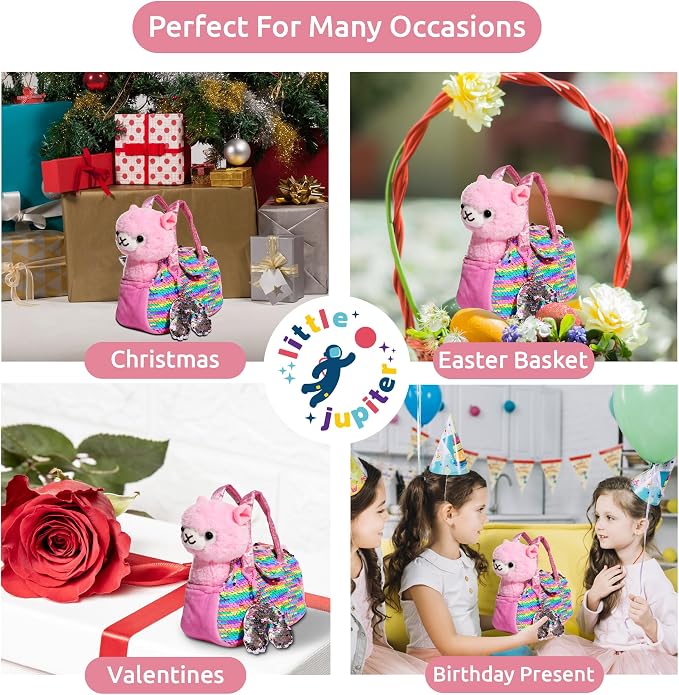 Little Jupiter Pet Plush Set with Purse w/Reversible Sequins & Charm - Stuffed Animal Toy for Kids Ages 4-7 - Stuffed Animal Purse - Stuffed Animals for Girls - (Pink Llama)