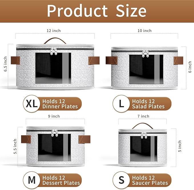 Foyego China Storage Containers, Light Gray, 4 Piece Set | with Lid, Handles & Visible Window, Stackable Moving Boxes for Plates Storage, Sturdy Dish Packing Supplies for Protection