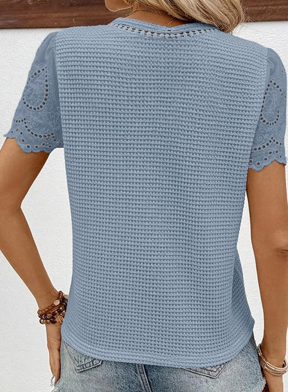 SHEWIN Womens Frenchy Summer Tops Crewneck Short Sleeve T Shirts Casual Waffle Knit Jacquard Blouses Top Shirts