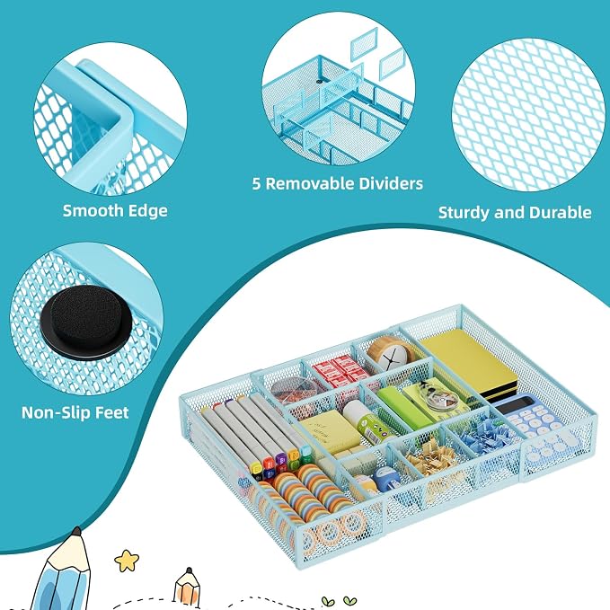Marbrasse Expandable Desk Drawer Organizer, Mesh Drawer Organizer Tray with 10 Adjustable Compartments, Desk Organizers and Accessories for Office Supplies, Makeup & Vanity (Expandable-Blue)