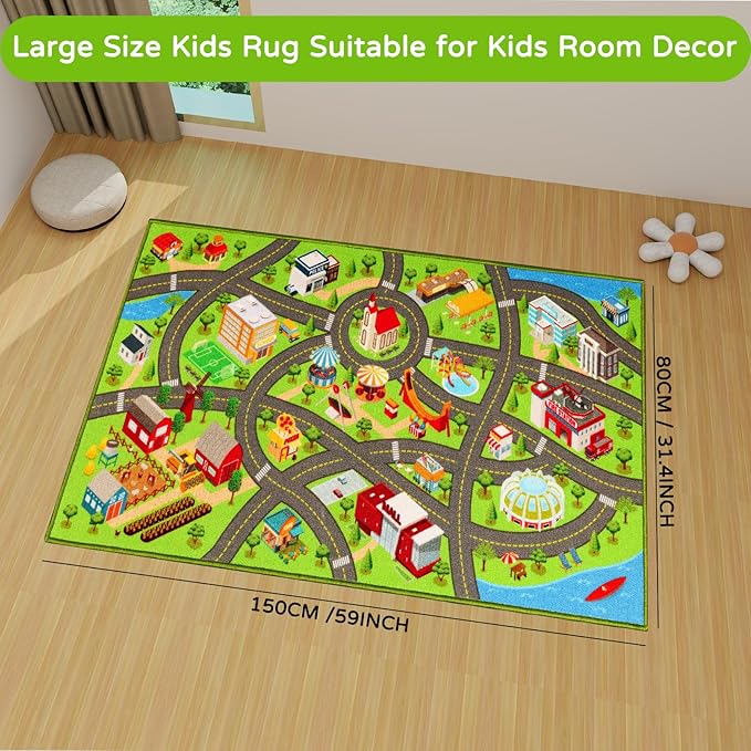 Kids Rugs Traffic Road Carpet for Car City Map Play Rug 3.3'×5' for Playroom Educational Mat Area Rug, Kid Playtime Collection Toddler Car Track Rug Cute Cartoon (City Road B, 39.4×59 in)