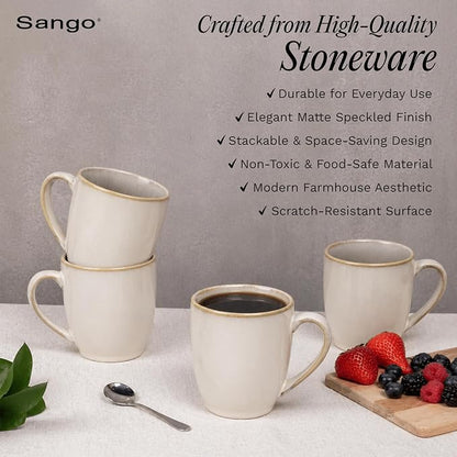 SANGO Resona Moss Stoneware Heat Resistant Coffee Mugs, Microwave and Oven Safe, 12 oz, White, 4 Count