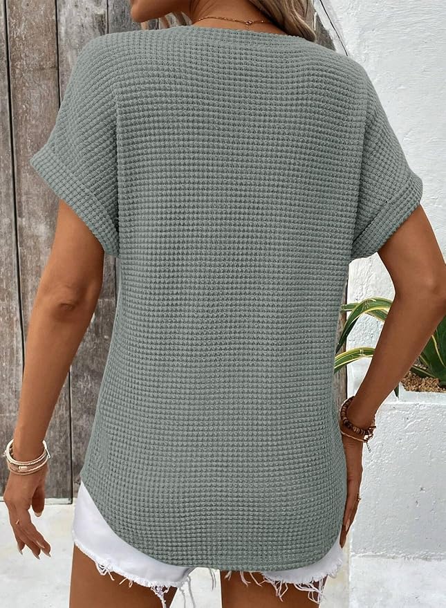 Dokotoo Womens Waffle Knit Tops 2026 Spring Summer V Neck Shirts Casual Trendy Women's Blouses Basic Tee