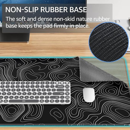 KTRIO Large Gaming Mouse Pad, 31.5 x 15.7 in, Black Topographic, XXL | Smooth Micro-Weave Surface, Artistic Pattern Design, Non-Slip Rubber Base, Durable Stitched Edges, Office & Home Use