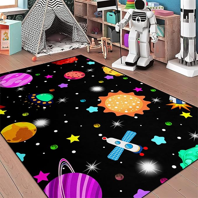 Space Rug - Space Rug for Boys Room Solar System Rug Planet Carpet for Kids Outer Space Area Rug Bedroom Boys Kids Rugs for Playroom Galaxy Rugs for Boys Bedroom,Black,5'×7'