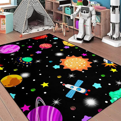 Space Rug - Space Rug for Boys Room Solar System Rug Planet Carpet for Kids Outer Space Area Rug Bedroom Boys Kids Rugs for Playroom Galaxy Rugs for Boys Bedroom,Black,5'×7'