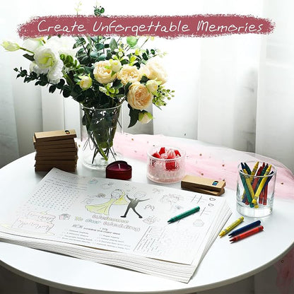 Pasimy 24 Set Wedding Activity for Kids Including 24 Pcs Wedding Coloring Placemats Books Sheets and 24 Pcs Coloring Crayons Individually Packaged for Reception Guest Party Favors, 15.7''x11''