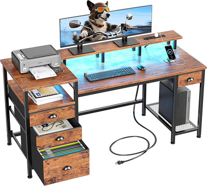 Furologee 60" Computer Desk with 4 Drawers, Power Outlet, LED, Rustic Brown | Home Office Desk with Full Monitor Stand,Storage Shelves, 4 File Drawers Cabinet ,Printer Space for Study Working Bedroom