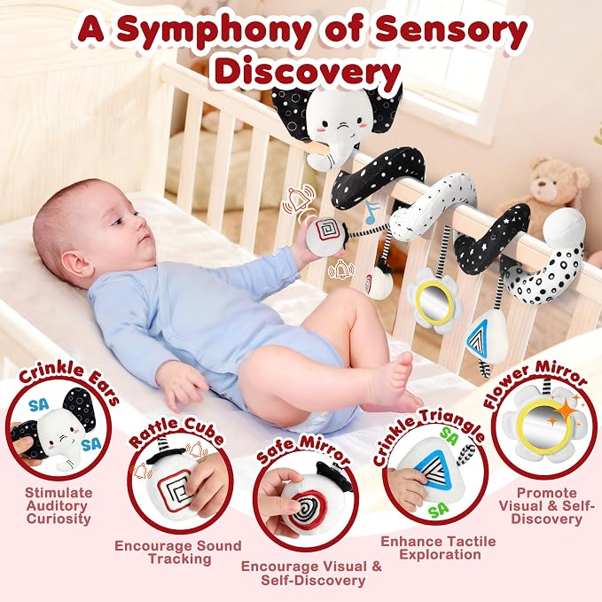 URMYWO Spiral Car Seat Toys for Babies 0-6 Months, Black and White Baby Toys, High Contrast Baby Toys for Newborn, Hanging Toy Fits Stroller, Shower Gift for Boys Girls