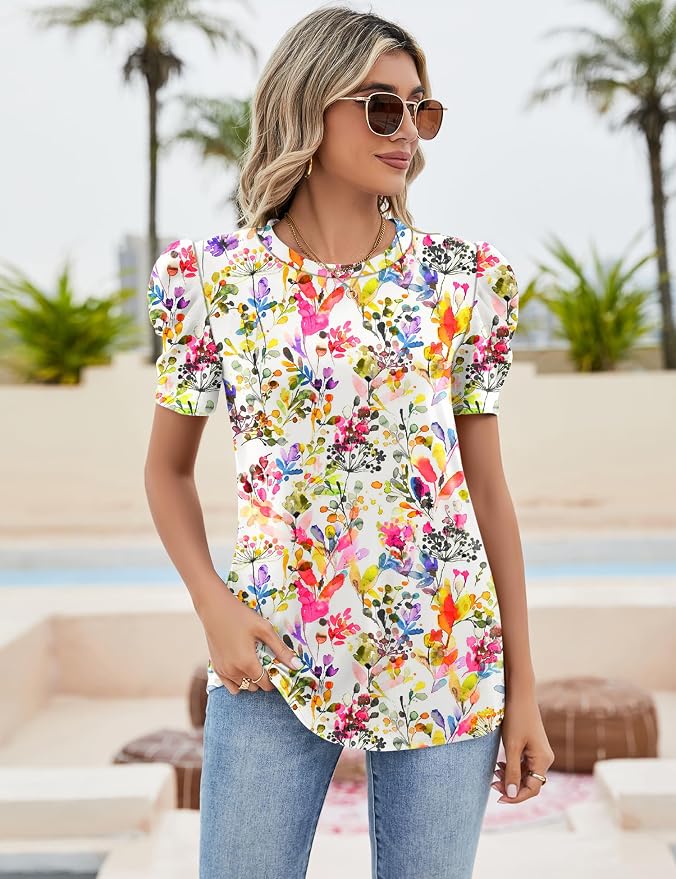 Ivicoer Puff Short Sleeve Shirt for Women Eyelet Tops Summer Crewneck Blouse Loose Fit S-XXL