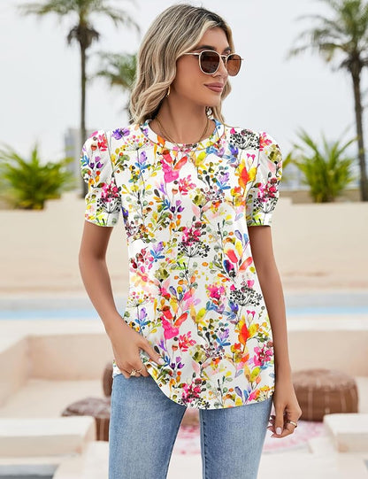 Ivicoer Puff Short Sleeve Shirt for Women Eyelet Tops Summer Crewneck Blouse Loose Fit S-XXL