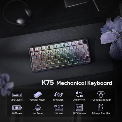RedThunder K75 Wireless Mechanical Gaming Keyboard, 75% Hot Swappable Creamy Keyboard with Knob, RGB Backlit, Pre-lubed Linear Switches, Side Engraved PBT Keycaps, Wireless/Wired/BT5.0, Gradient Gray