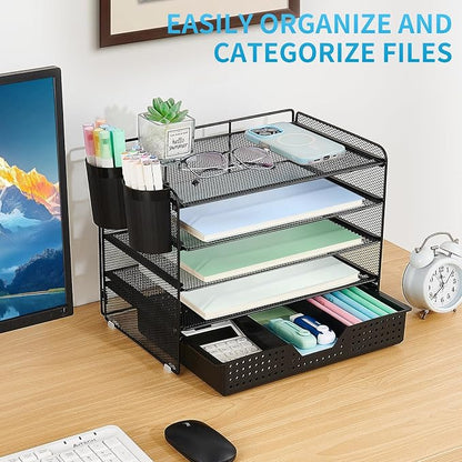 LEKETREE Desk Organizer and Accessories, 5-Tier Paper Letter Tray Organizer with Drawer & 2 Pen Holders for Desktop File Organization, Office Desk Accessories for Supplies Storage (Black)