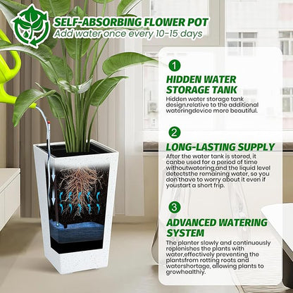 GarveeLife 22.5" Tall Planters Set of 2, Outdoor&Indoor Black Planter Pots, High Front Porch Planter Pots With Drainage Holes&Water Level Monitor&Inner Bucket, Automatic Watering, White and Black Dots