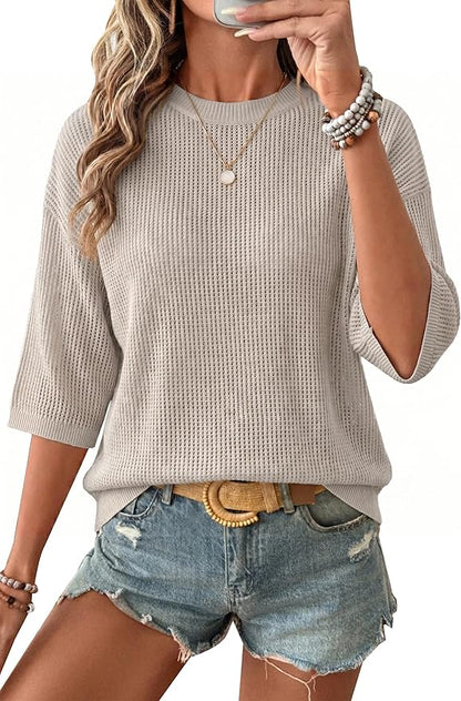 Arach&Cloz Womens Summer 100% Cotton Oversized Crochet Tops 3/4 Length Sleeve Sweater Hollow Out Casual Blouses 2026