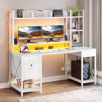 DWVO Computer Desk with Drawers & Hutch, 59.1" Office Desk with Power Outlets & LED Lights, Home Office Desk with Storage Shelves, White | Built-In Power Outlets, Led Lights, Hutch Shelves, Storage Drawers, for Home Office Work Study, Easy Assembly