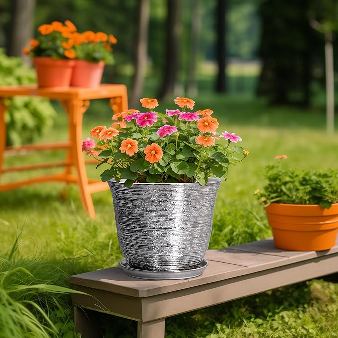 10 Inch Plant Pot - Ceramic Planter with Drainage Hole and Plant Saucer, Round Planter for Indoor Outdoor, Large Modern Decorative Flower Pots, Living Room Decor, Plant Lovers Gifts, Silver