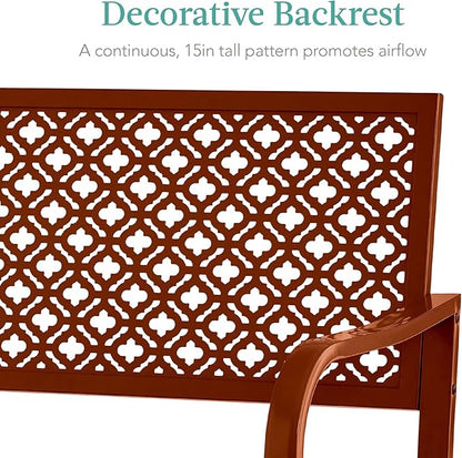 Best Choice Products Outdoor Bench 2-Person Metal Steel Benches Furniture for Garden, Patio, Porch, Entryway w/Geometric Backrest, 790lb Capacity - Rust