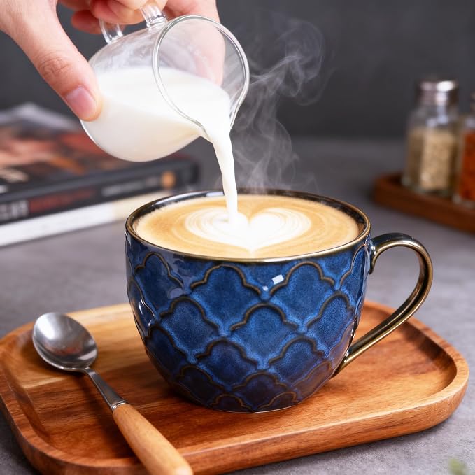 24 oz Large Coffee Mug, Ceramic Coffee Mugs with Handles, Set of 2, Blue | Coffee Mug for Hot Chocolate, Cappuccino, Soup, Oatmeal, Ramen, Microwave & Dishwasher Safe, Coffee Cups Large Soup Bowl