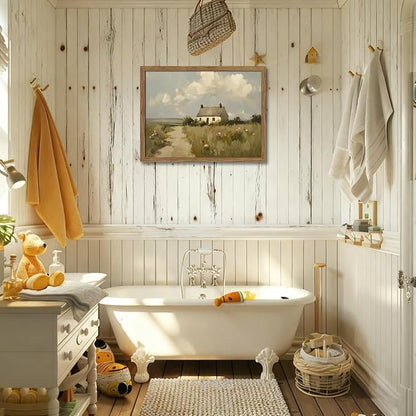 Vintage Wall Art, Framed English Countryside Cottage Painting Print, Country Farmhouse Canvas Wall Art, Rustic Landscape Pictures Artwork Wall Decor for Bedroom Living Room – 16x24 inch