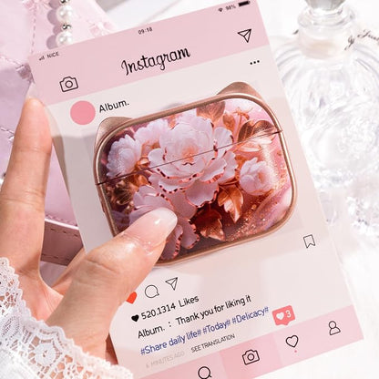 for AirPods Pro 2 Case with Cleaning Kit, Cute Cat Ear Print Design & Cute Buckle for Girls, Phone Holder & Top Safe Lock Buckle Design for AirPods Pro 2nd/1st Gen case, Rose Gold Peony