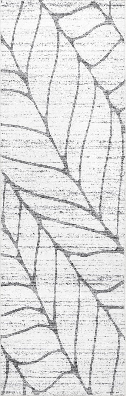 nuLOOM Lanette Abstract Leaves Machine Washable Ultra Thin Runner Rug, 2' 6" x 8', Light Grey