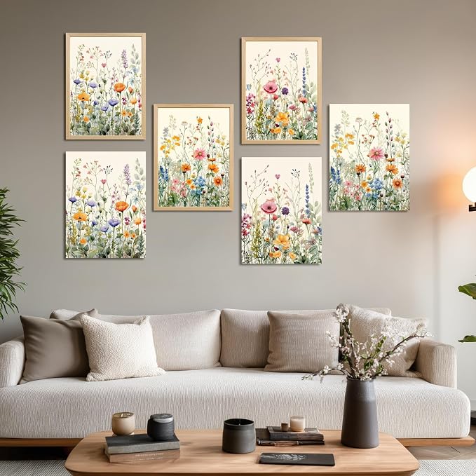 LLEEMPI Watercolor Floral Wall Art Set of 3, Colorful Wildflower Wall Decor, Modern Abstract Botanical Canvas Painting, Rustic Farmhouse Poster Print for Bedroom Bathroom Office Wood Framed 12x16 Inch