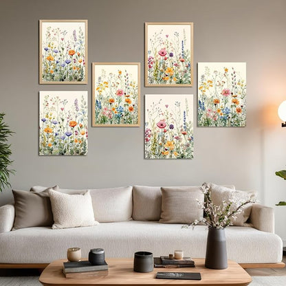LLEEMPI Watercolor Floral Wall Art Set of 3, Colorful Wildflower Wall Decor, Modern Abstract Botanical Canvas Painting, Rustic Farmhouse Poster Print for Bedroom Bathroom Office Wood Framed 12x16 Inch