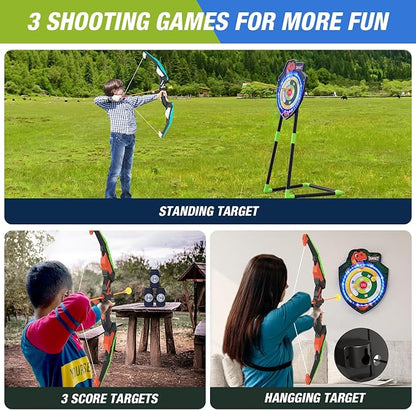 HYES 2 Pack Kids Bow and Arrow, LED Light Up Archery Set with 24 Suction Cup Arrows, Indoor Outdoor Sport Dinosaur Toys Gifts for 3 4 5 6 7 8 9 10 11 12 Year Old Boys Girls