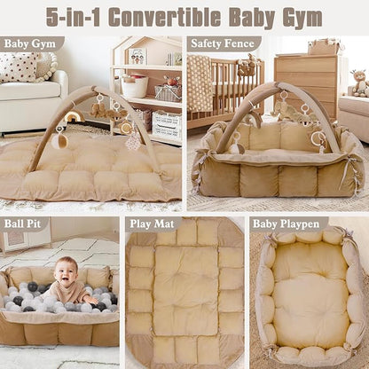 5-in-1 Plush Baby Play Gym, Baby Play Mats, Convertible Baby Gym, Tummy time mat, 6 Sensory Toys, Activity Center, Ball Pit, Brown