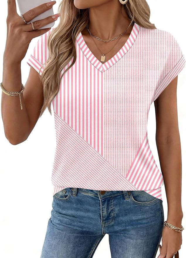 Rapbin Womens Summer Tops Women Blouses Dressy Casual V Neck T Shirts Short Sleeve Spring Tops for Women