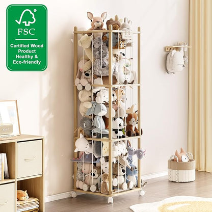 EXPERLAM Stuffed Animal Storage Zoo with Wheels, Montessori-Inspired Solid Pine Wood Plush Toy Organizer, Tall Stuffed Animal Holder with Thick Elastic Cords for Kids Room, Nursery,and Bedroom,Large