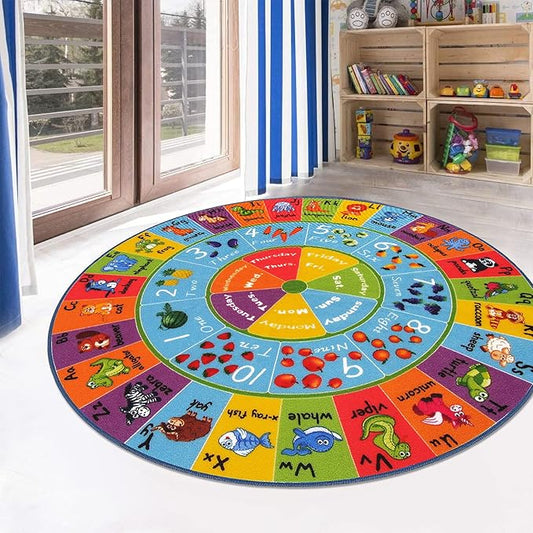 HEBE Kids Play Rug 4ft ABC Alphabet Numbers Shapes Educational Kid Area Rug Washable Baby Crawling Mat Non Slip Kid Play Mat Carpet for Girl Boy Bedroom Playroom