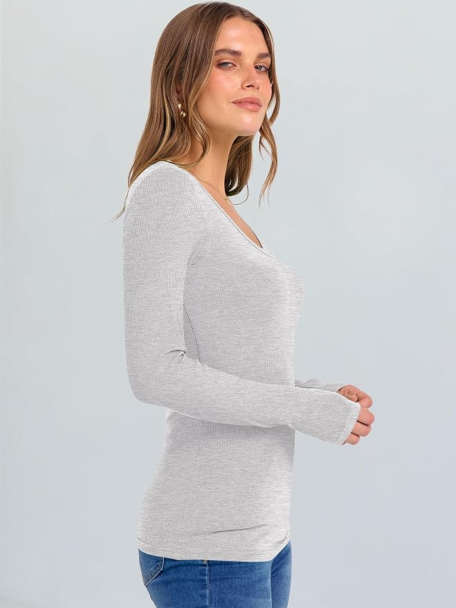 ANRABESS Long Sleeve V Neck Shirts for Women | Soft Comfy Ribbed Knit Fitted Tshirts, Casual Going Out Tops, 2026 Trendy Basic, Fall Winter Underscrub Layering Clothes