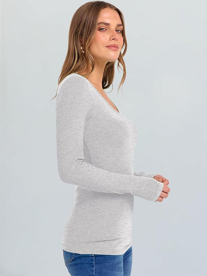 ANRABESS Long Sleeve V Neck Shirts for Women | Soft Comfy Ribbed Knit Fitted Tshirts, Casual Going Out Tops, 2026 Trendy Basic, Fall Winter Underscrub Layering Clothes
