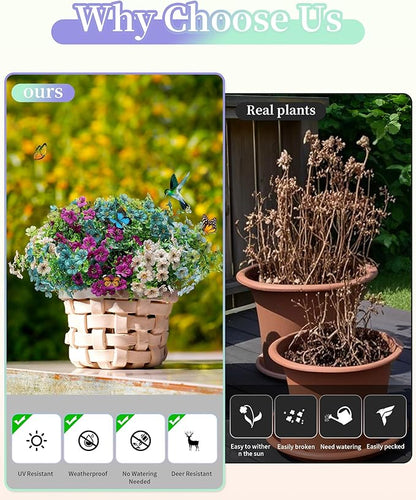 Faux Artificial Plants Flowers for Outdoor Planters Spring Summer Decor 16 Bundles Fake Eucalyptus Silk Daisy UV Resistant Realistic Used for Outside,Home,Front Porch,Patio,Yard Decorations