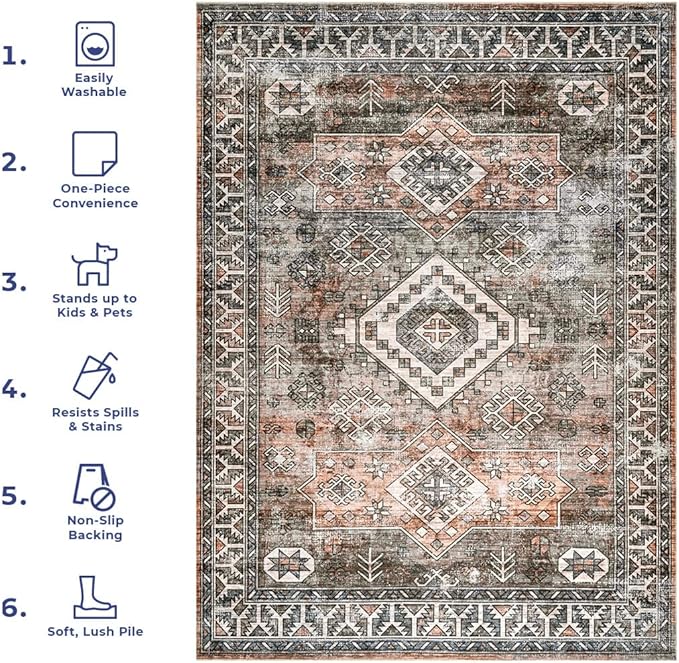 nuLOOM 2x3 Machine Washable Rain Haven Vintage Medallion Area Rug, Rust, Traditional Faded Design, Non-Slip Backing, Stain Resistant, For Bedroom, Dining Room, Living Room, Kitchen
