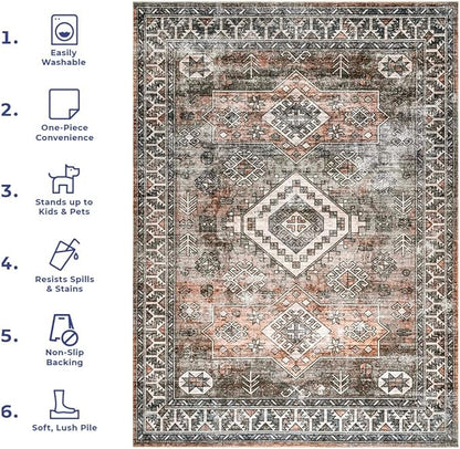 nuLOOM 2x3 Machine Washable Rain Haven Vintage Medallion Area Rug, Rust, Traditional Faded Design, Non-Slip Backing, Stain Resistant, For Bedroom, Dining Room, Living Room, Kitchen