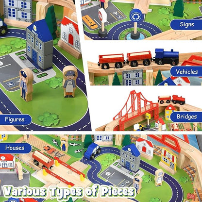 Costzon Train Table with 100 Multicolor Pieces, Wooden Kids Activity Table with Large Rolling Storage Drawer, Tracks, Cars, DIY Design, Train Set Table for Toddlers 3+, Gift for Boys Girls