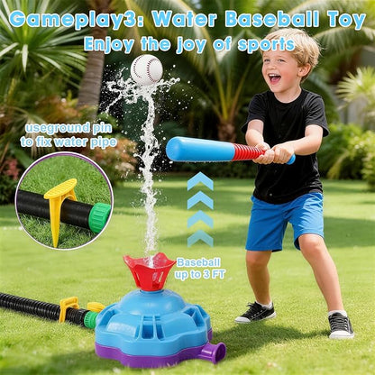 4-in-1 Water Sprinkler Toys for Kids, Outdoor Water Baseball, Rotating Water Spray, Rocket Launcher for Toddlers 3-5, Backyard, Garden, Lawn, and Pool Summer Playset for Boys and Girls Aged 4-12.