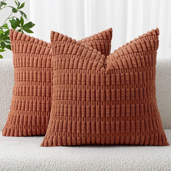 MIULEE Fall Pack of 2 Dark Rust Corduroy Decorative Euro Sham Pillow Covers 24x24 Inch Soft Boho Striped Throw Pillow Covers Modern Farmhouse Home Decor for Sofa Living Room Couch Bed
