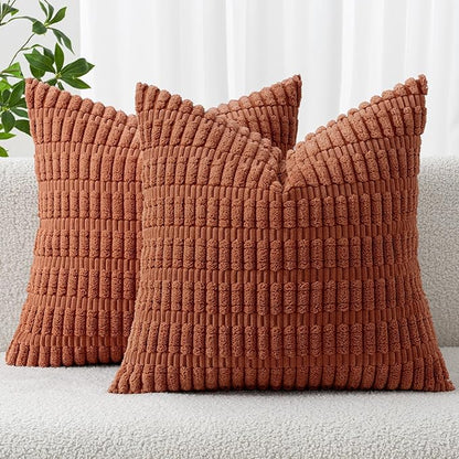 MIULEE Fall Pack of 2 Dark Rust Corduroy Decorative Euro Sham Pillow Covers 24x24 Inch Soft Boho Striped Throw Pillow Covers Modern Farmhouse Home Decor for Sofa Living Room Couch Bed